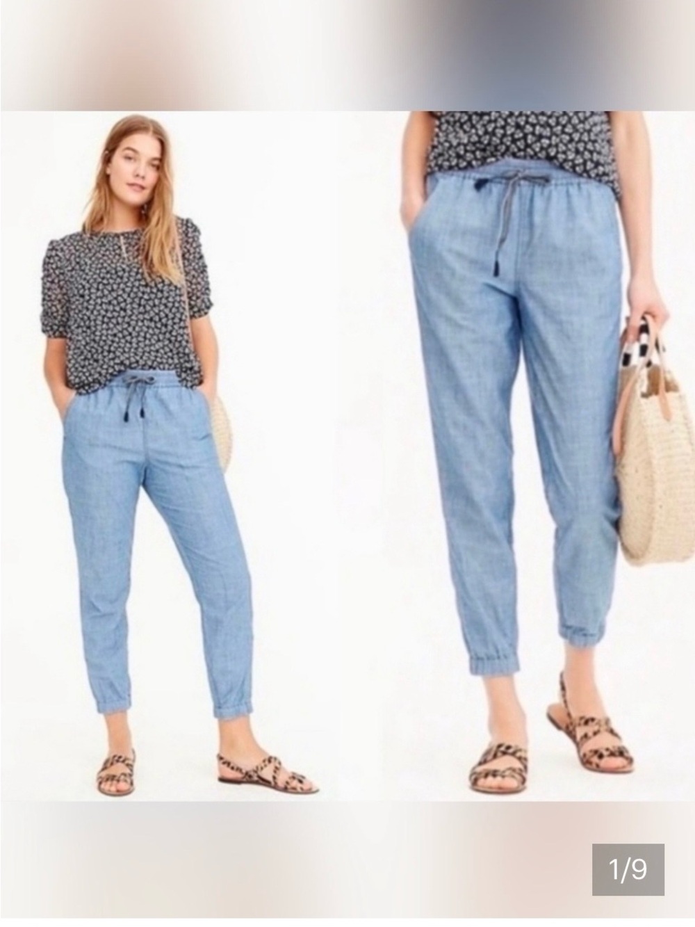 J. Crew Cotton Chambray Joggers Elastic Waist w Drawstring Pockets Casual Summer